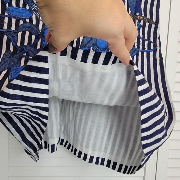 FARM RIO Striped Parrot Embroidered Mini Dress Women's XS Linen Sleeveless Blue - Picture 4 of 15